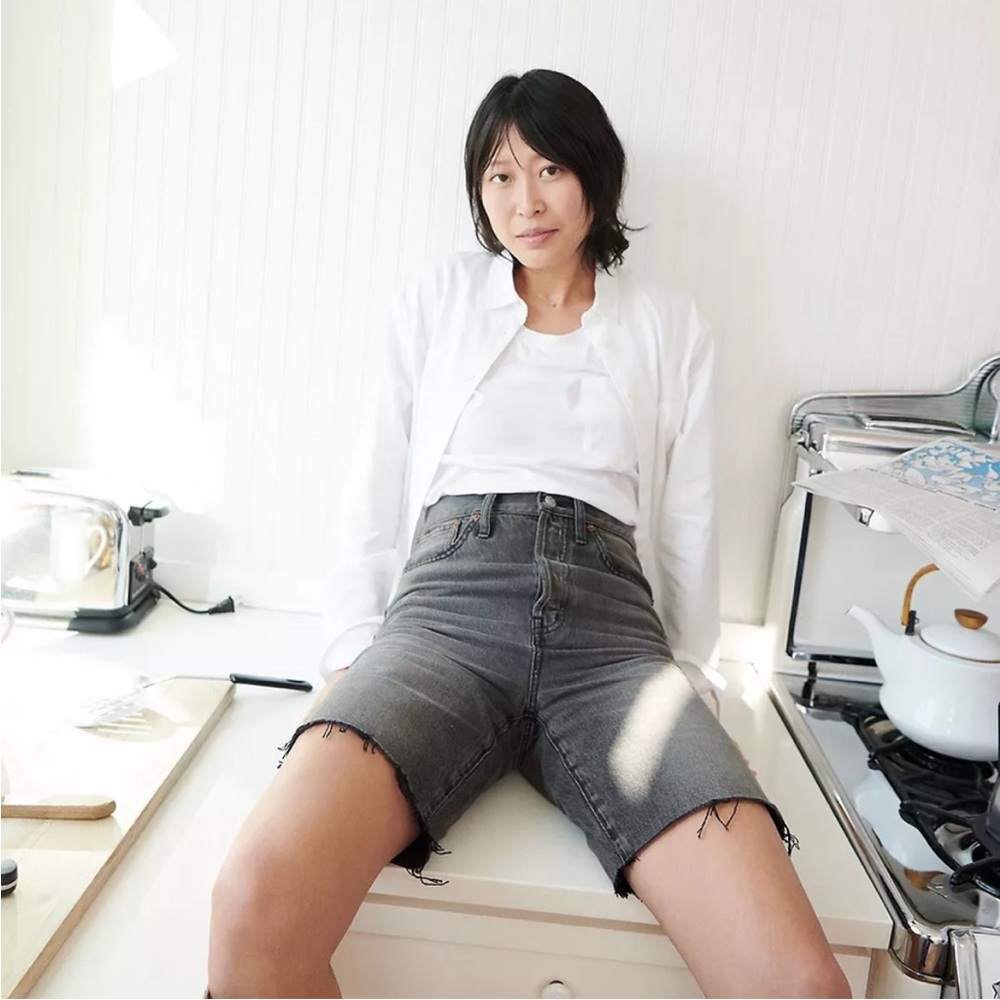 Madewell High Rise Long Denim Shorts in Black - Raw Hem